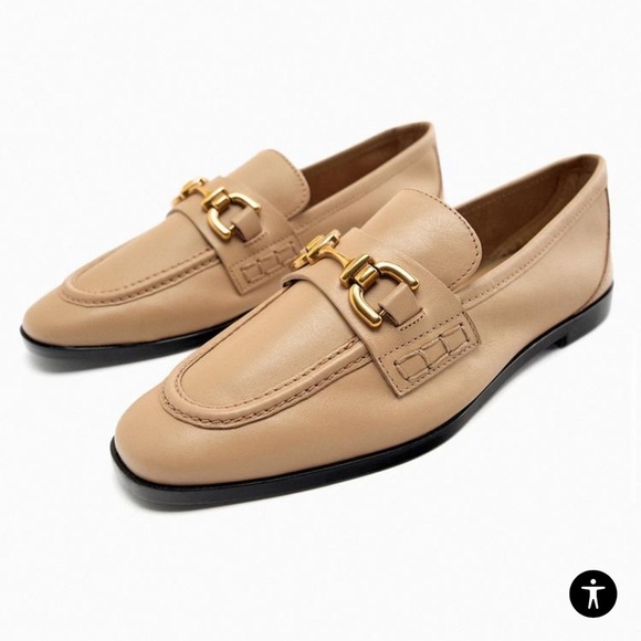 Zara Shoes - Zara leather loafers in beige with gold horsebit hardware